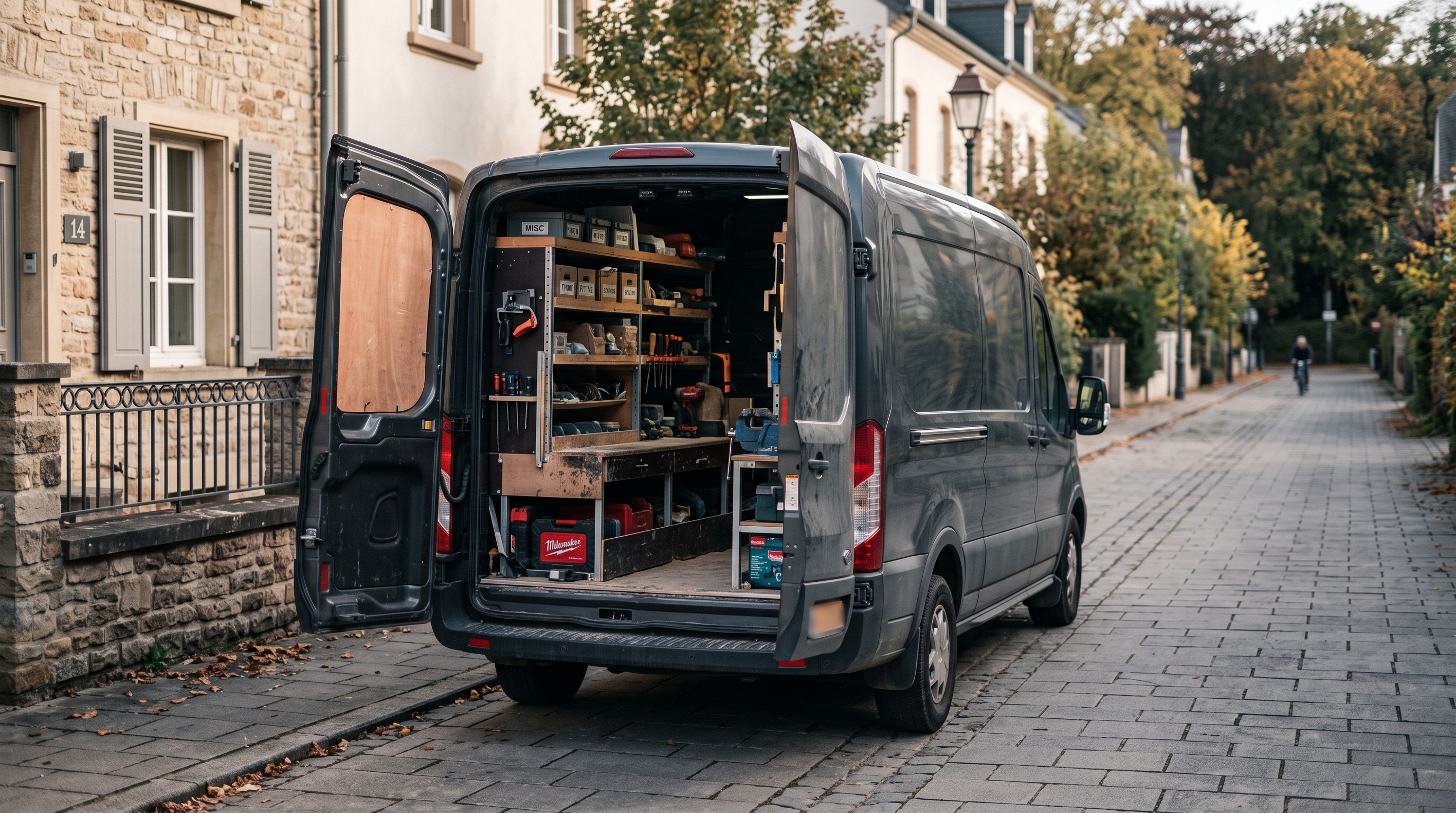 Camionnette d’intervention, hayon ouvert sur un rack à outils rangé