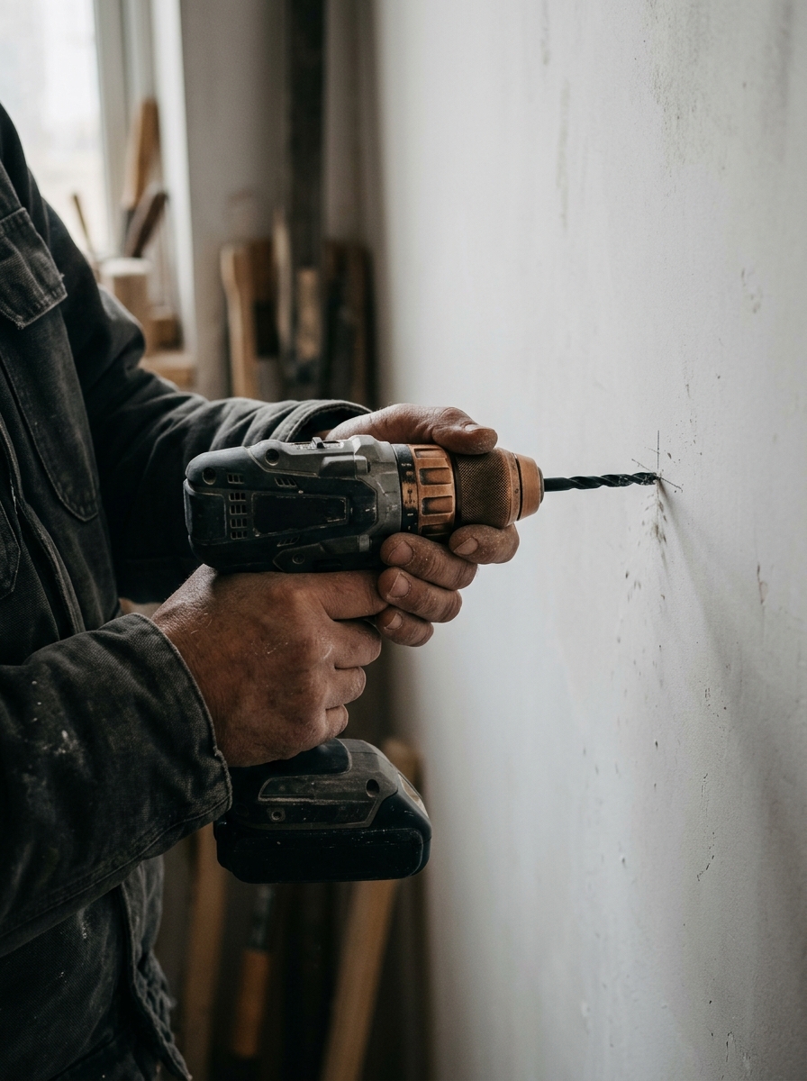 Perçage d’un mur au repère, chantier Travaux Express Lux